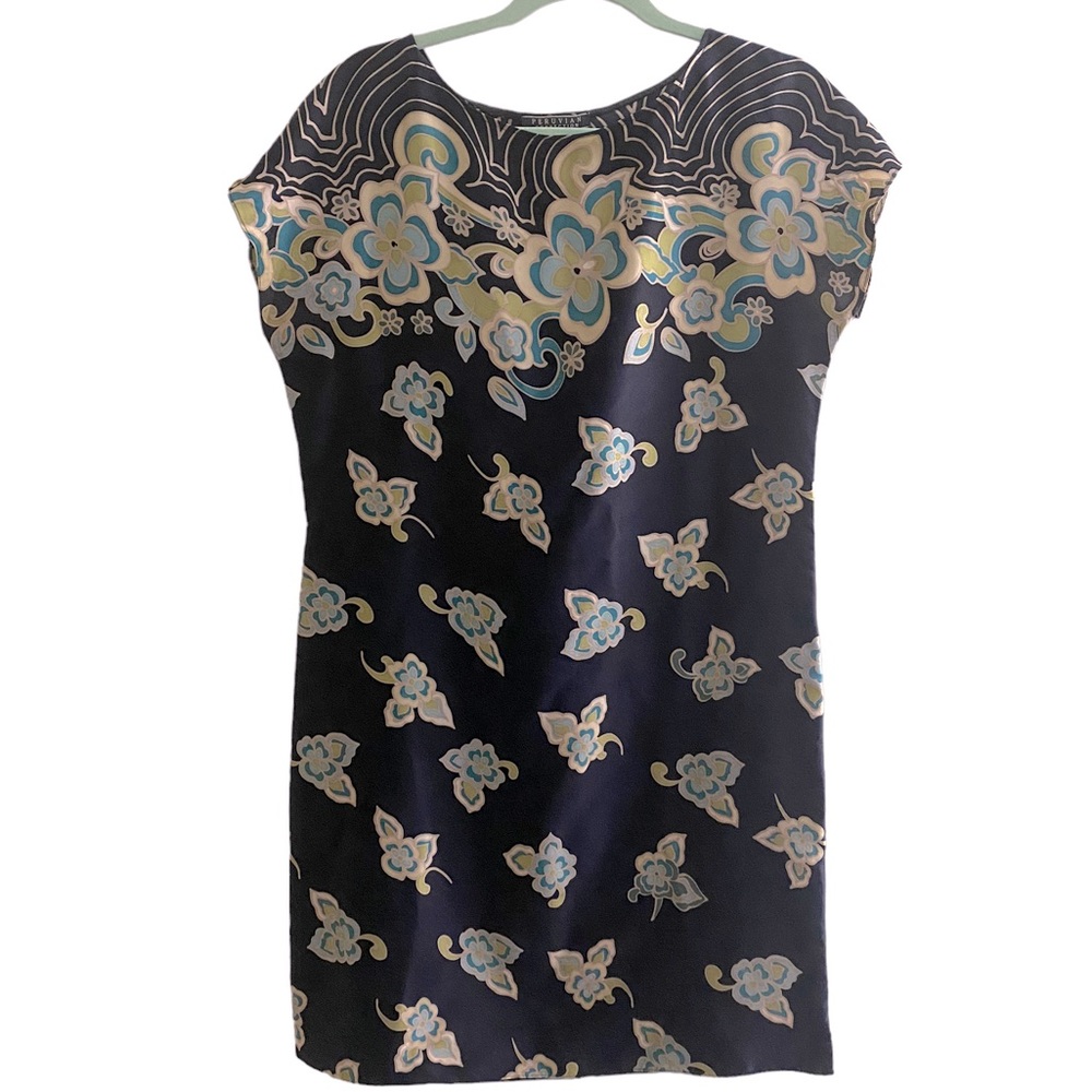 Peruvian Connection Silk Floral Cap Sleeve Shift Dress Navy Size Medium